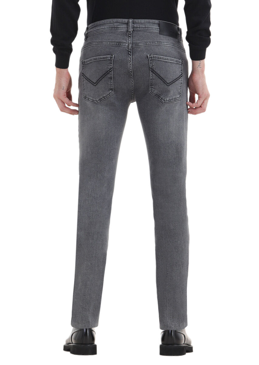 Gri Düz Slim Fit Denim Pamuk Karışımlı Pantolon - 3