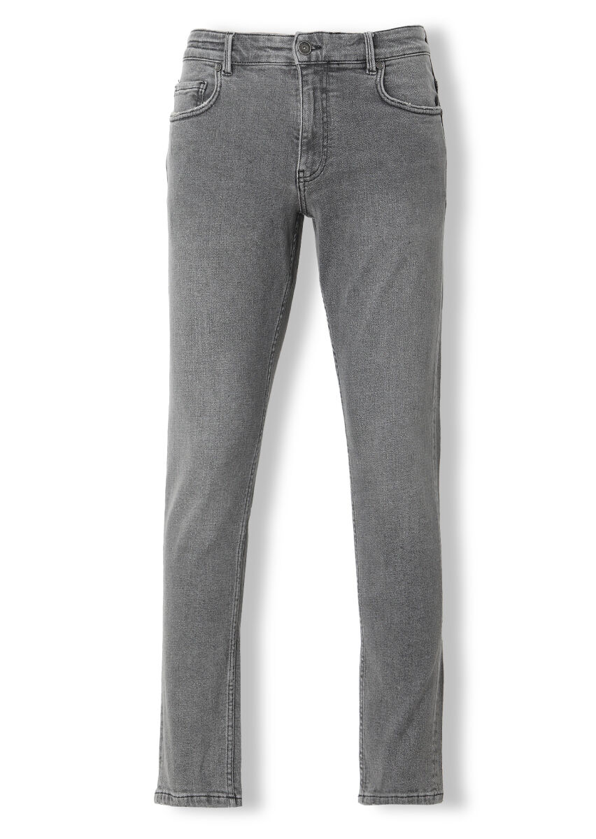 Gri Düz Slim Fit Denim Pamuk Karışımlı Pantolon - 4