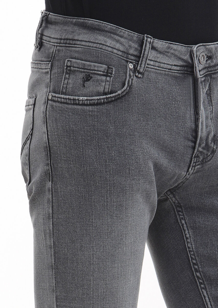 Gri Düz Slim Fit Denim Pamuk Karışımlı Pantolon - 3