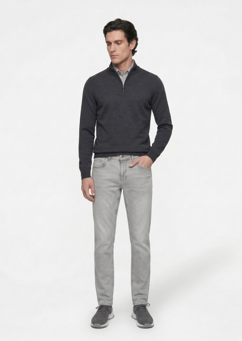 Gri Düz Slim Fit Denim Pamuk Karışımlı Pantolon - 1