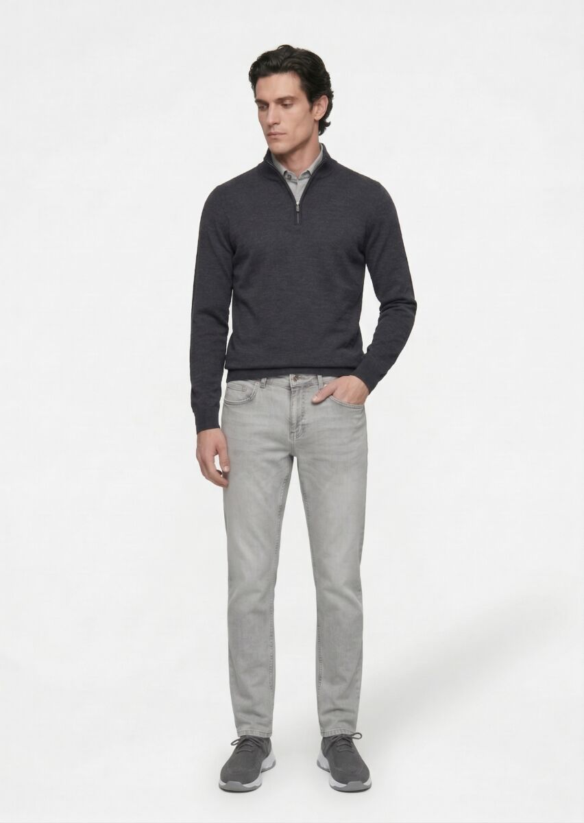 Gri Düz Slim Fit Denim Pamuk Karışımlı Pantolon - 1