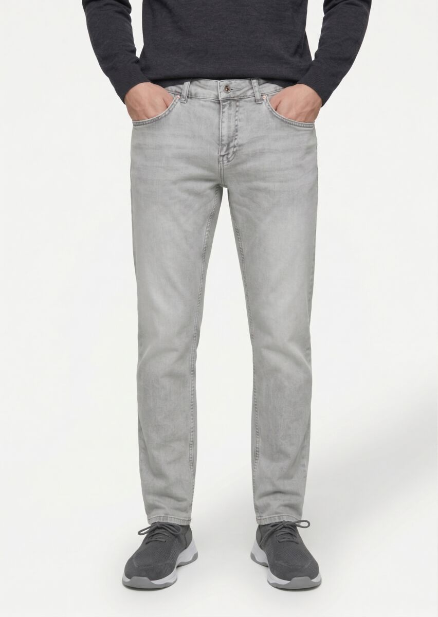 Gri Düz Slim Fit Denim Pamuk Karışımlı Pantolon - 2
