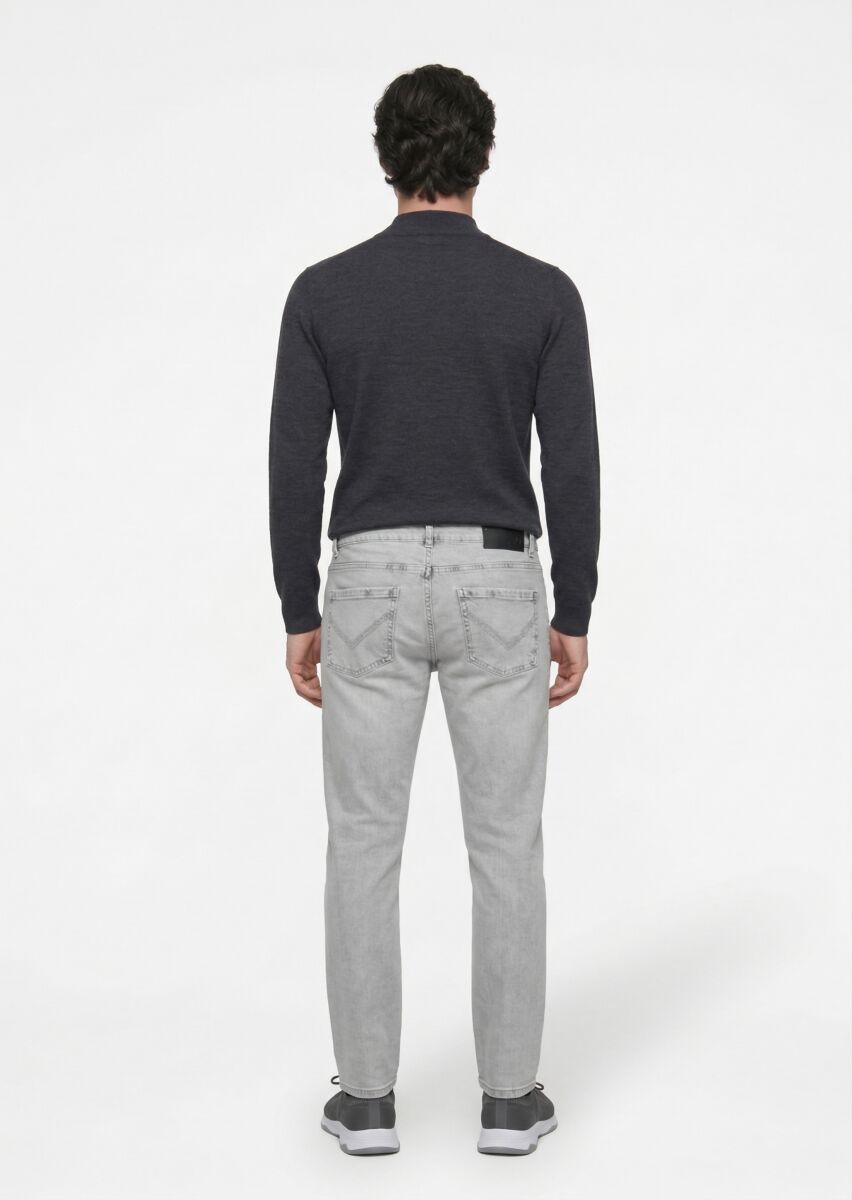 Gri Düz Slim Fit Denim Pamuk Karışımlı Pantolon - 3