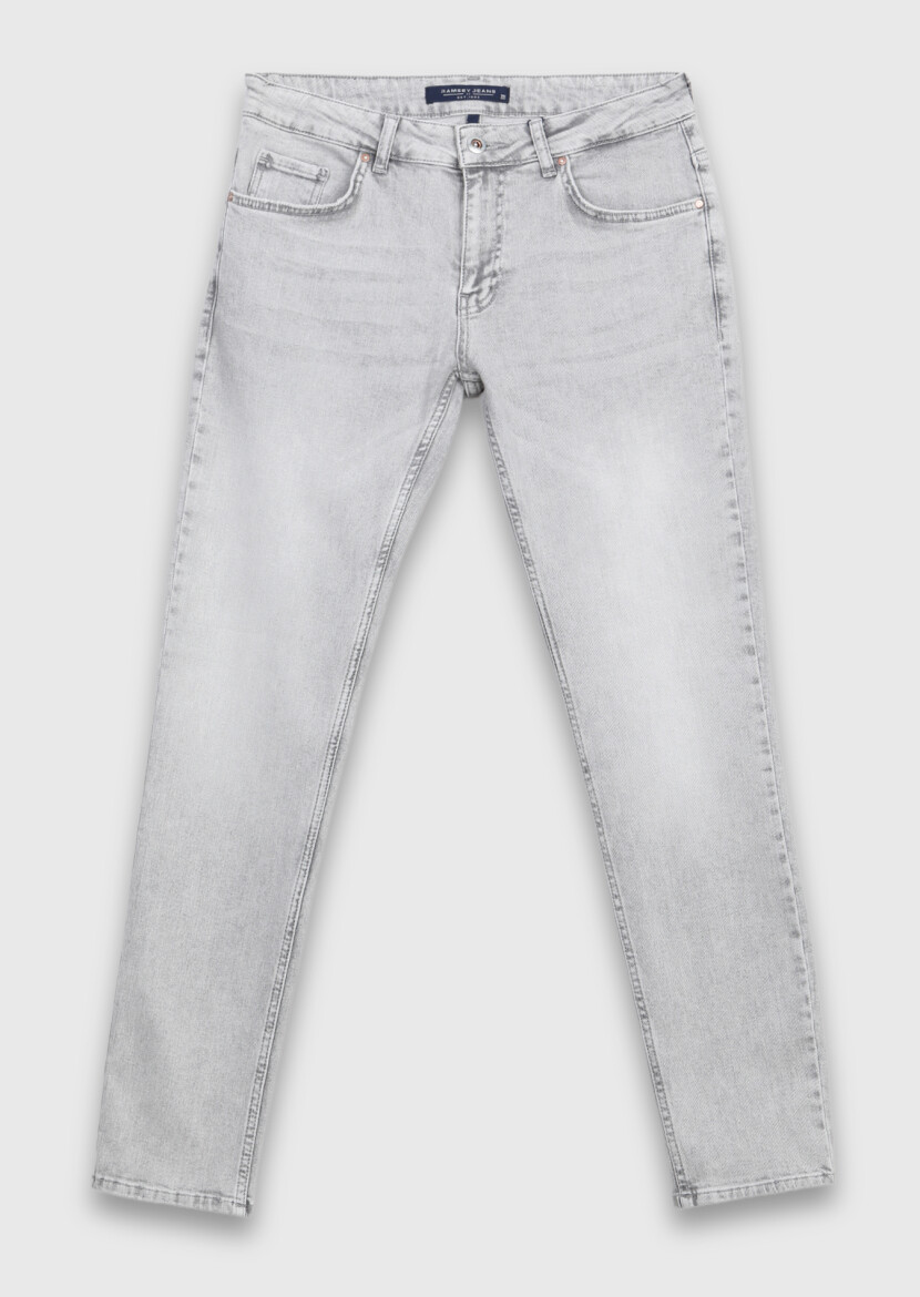 Gri Düz Slim Fit Denim Pamuk Karışımlı Pantolon - 5