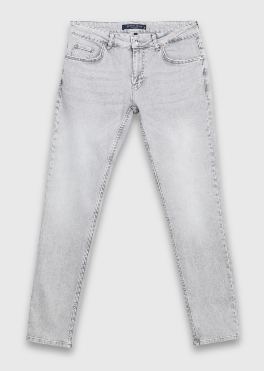 Gri Düz Slim Fit Denim Pamuk Karışımlı Pantolon - 5