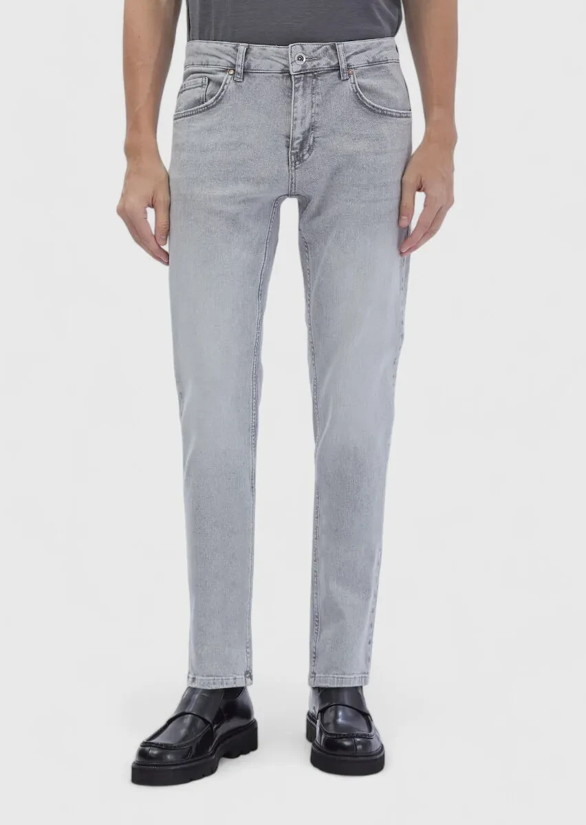 Gri Düz Slim Fit Denim Pamuk Karışımlı Pantolon - 2