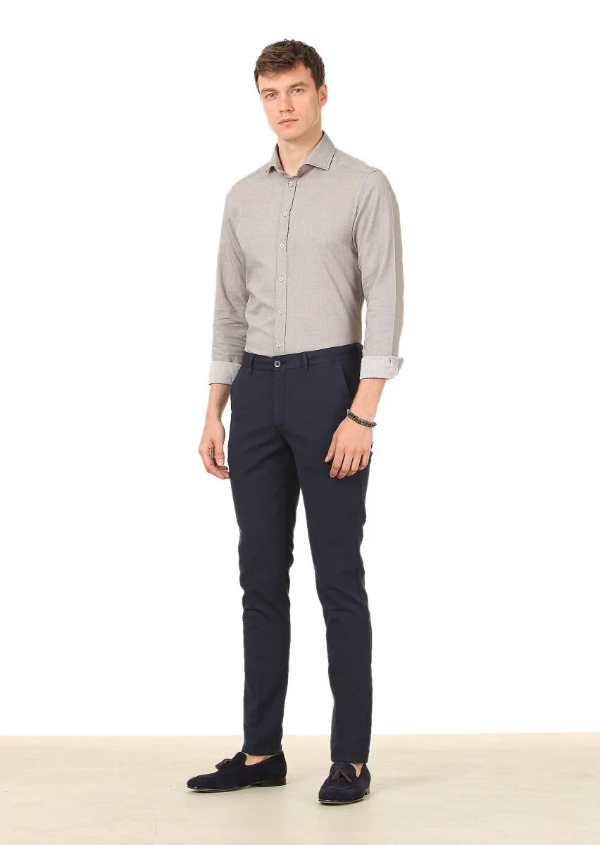 Gri Düz Slim Fit Dokuma Casual %100 Pamuk Gömlek - 1