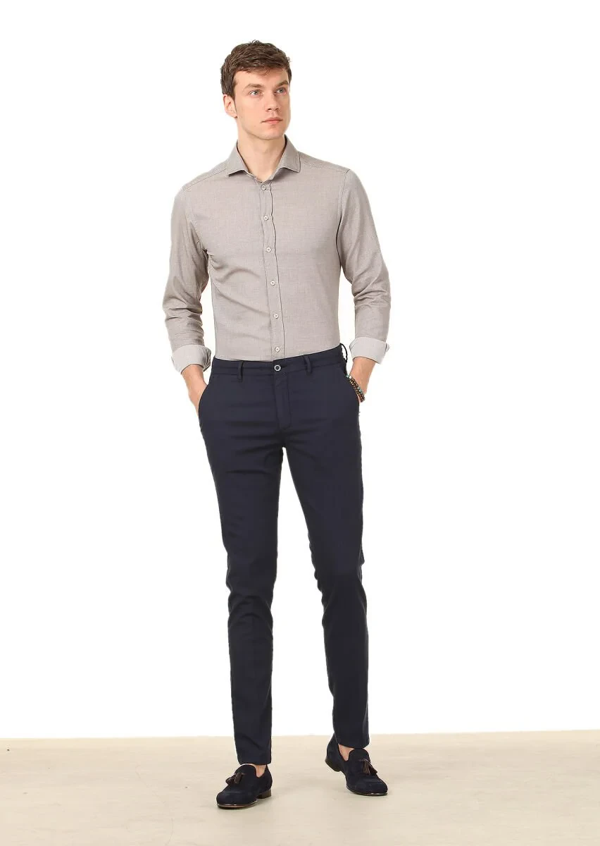 Gri Düz Slim Fit Dokuma Casual %100 Pamuk Gömlek - 2