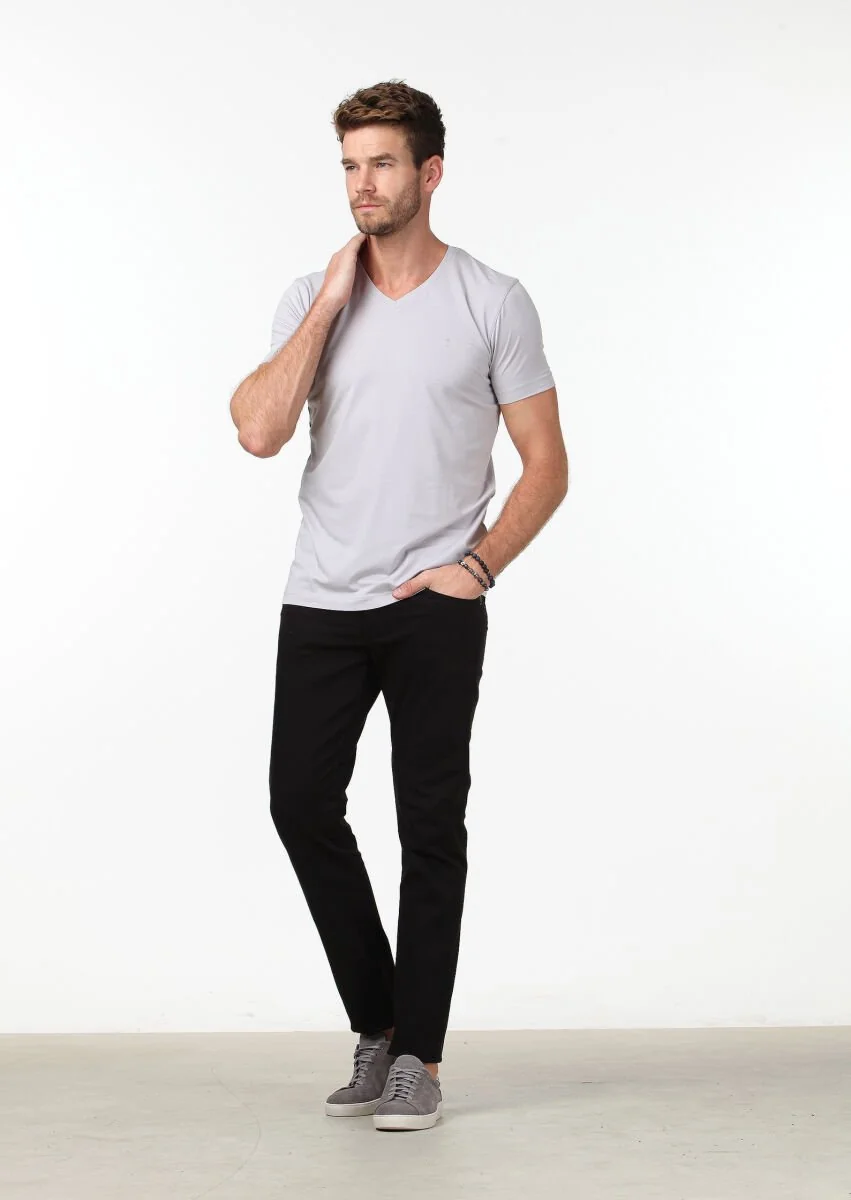 Gri Düz V Yaka Pamuk Karışımlı T-Shirt - 2
