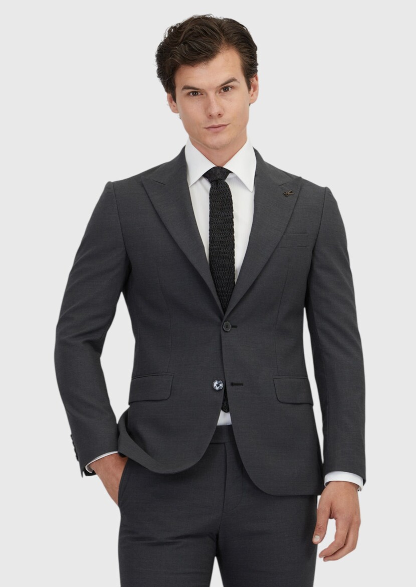 Gri Düz Zeroweight Slim Fit %100 Yün Takım Elbise 