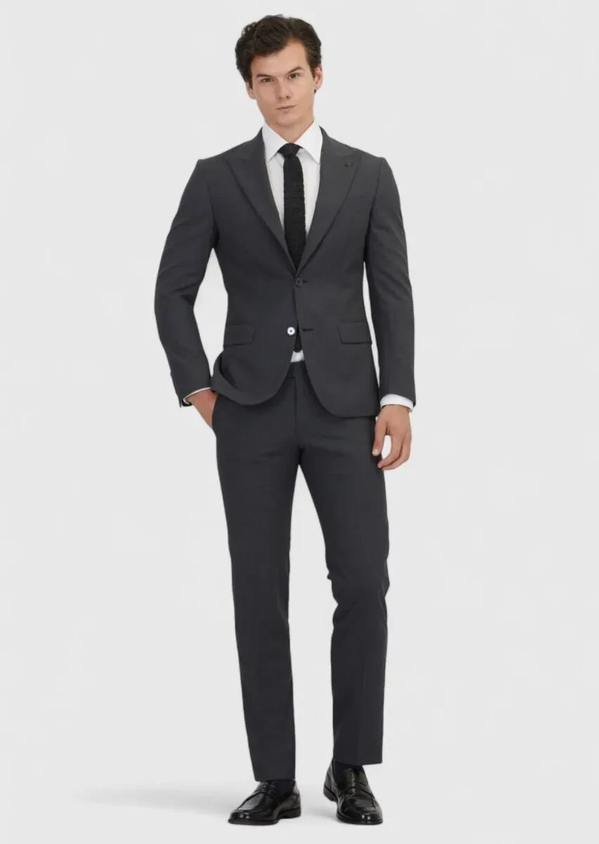 Gri Düz Zeroweight Slim Fit %100 Yün Takım Elbise - 2