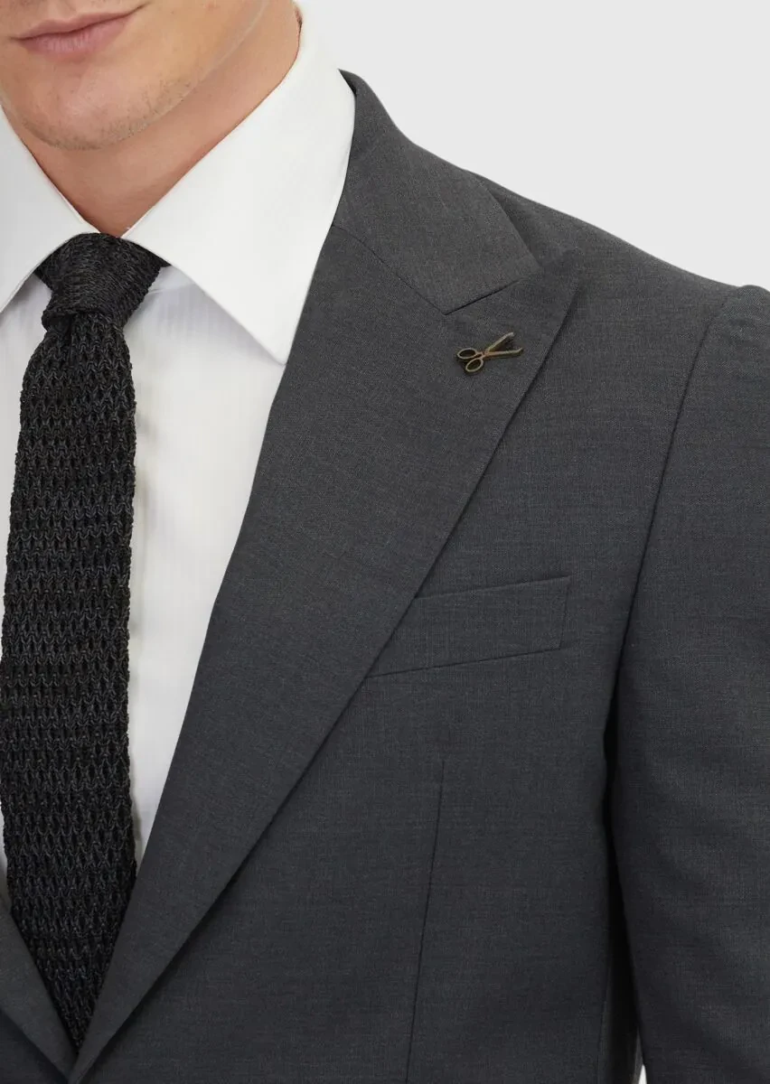 Gri Düz Zeroweight Slim Fit %100 Yün Takım Elbise - 4