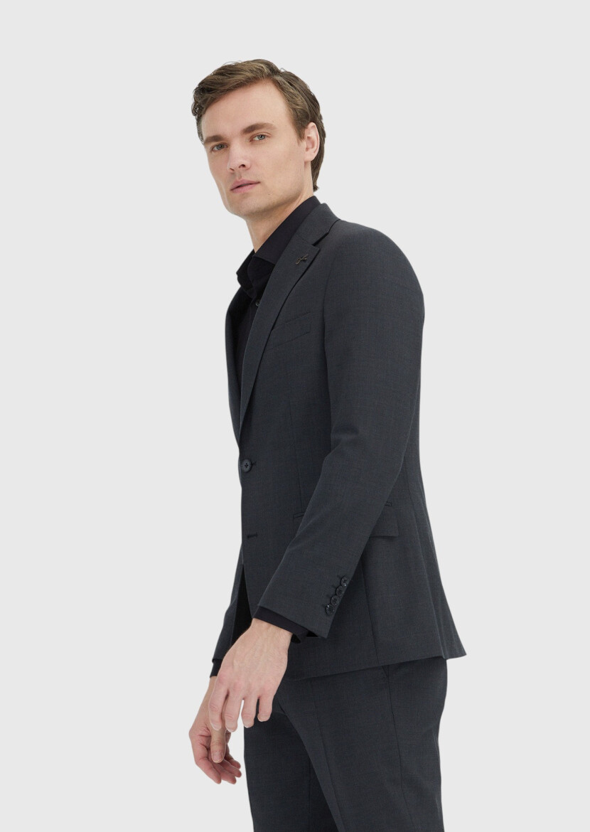 Gri Düz Zeroweight Slim Fit Yün Karışımlı Takım Elbise - 4