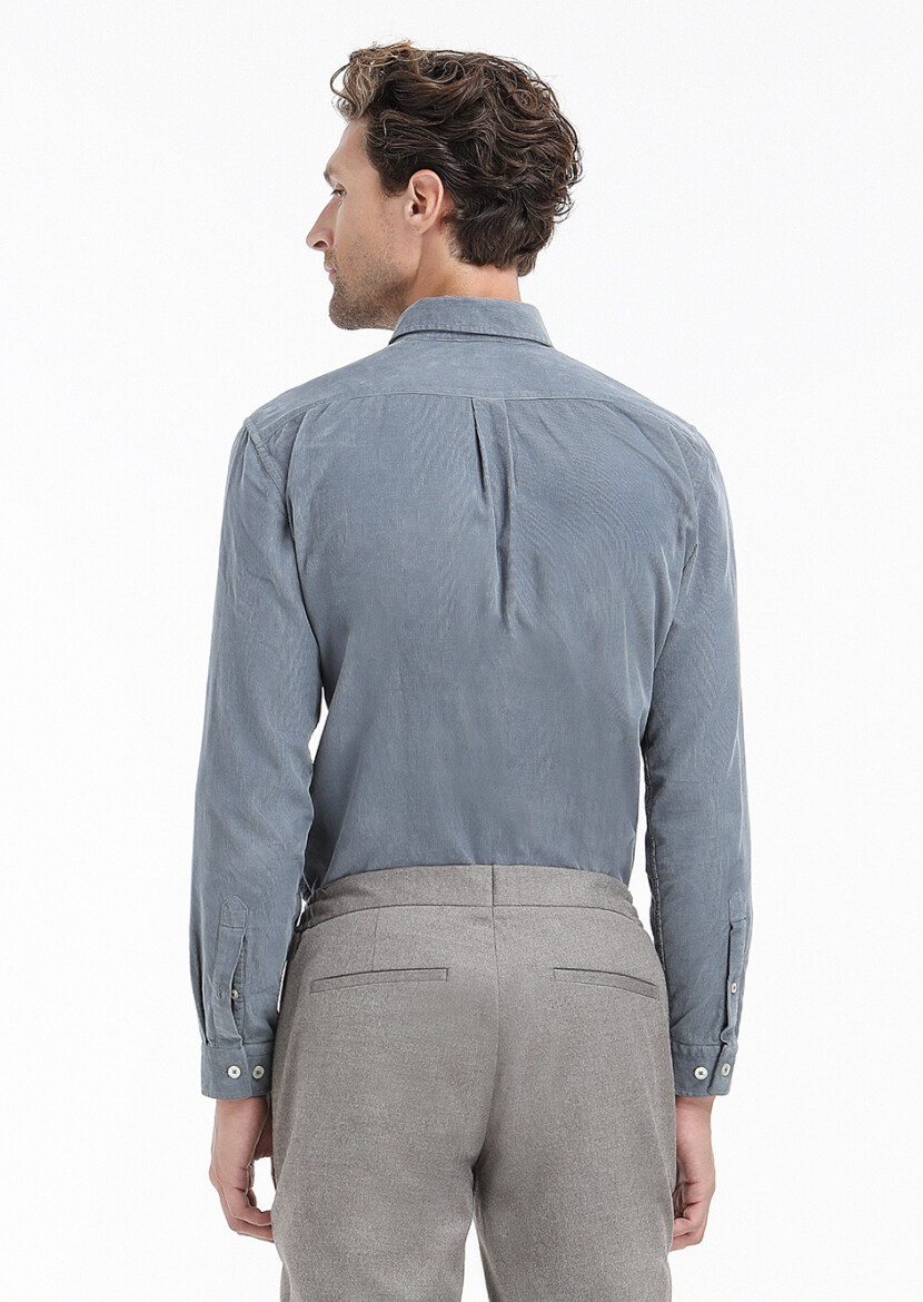 Gri Fitilli Regular Fit Uzun Dokuma Kadife Casual %100 Pamuk Gömlek - 5