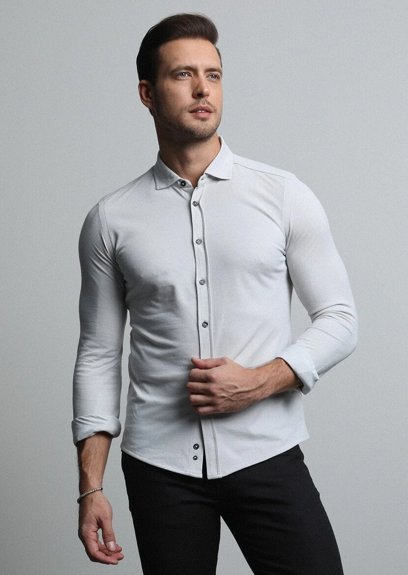 Gri Fitted Fit Casual Pamuk Karışımlı Gömlek - 3