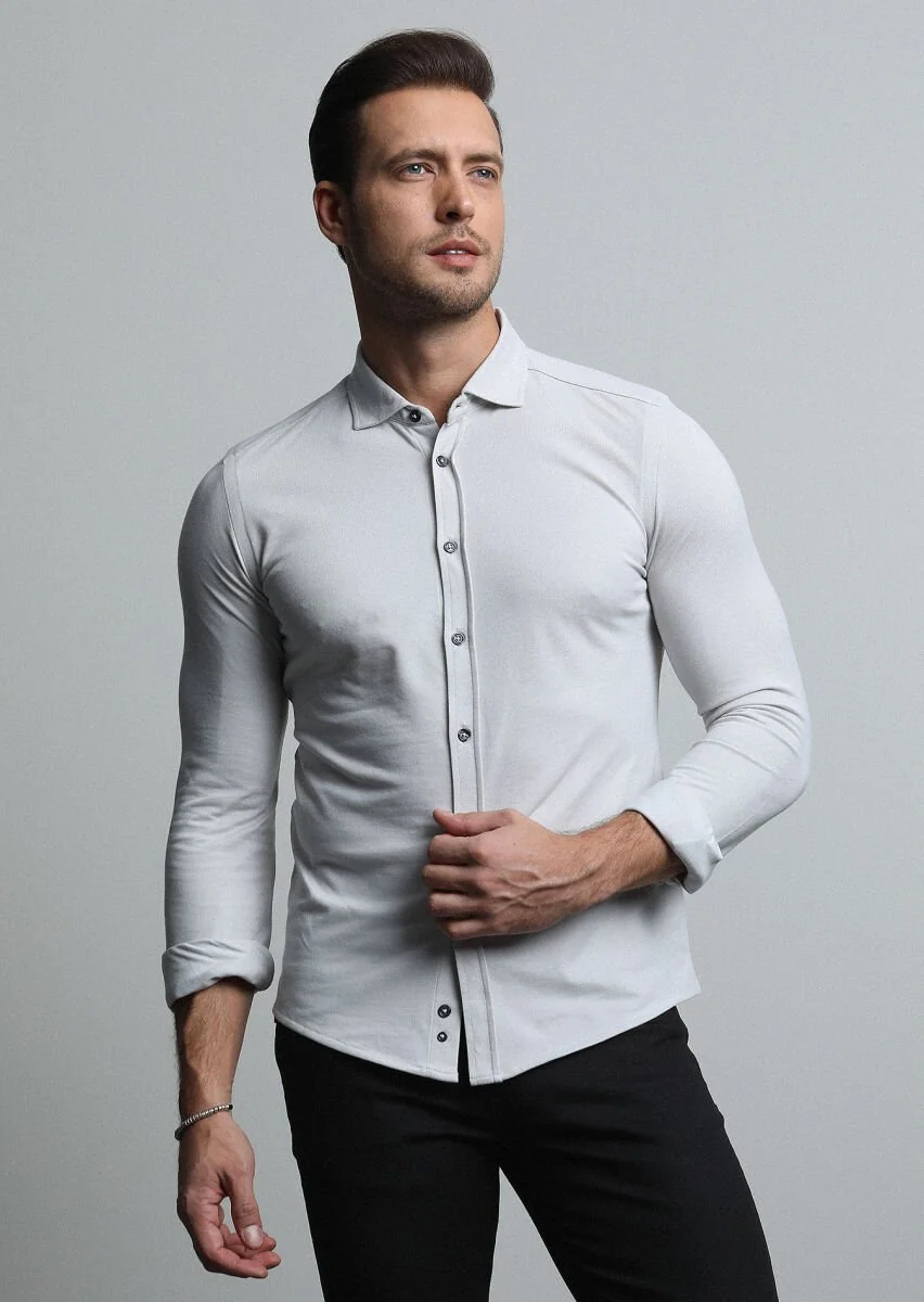 Gri Fitted Fit Casual Pamuk Karışımlı Gömlek - 3