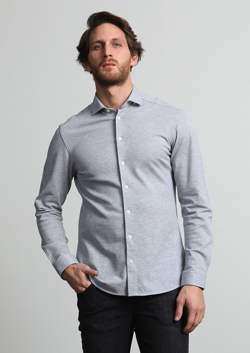 Gri Fitted Fit Uzun Casual %100 Pamuk Gömlek - 2