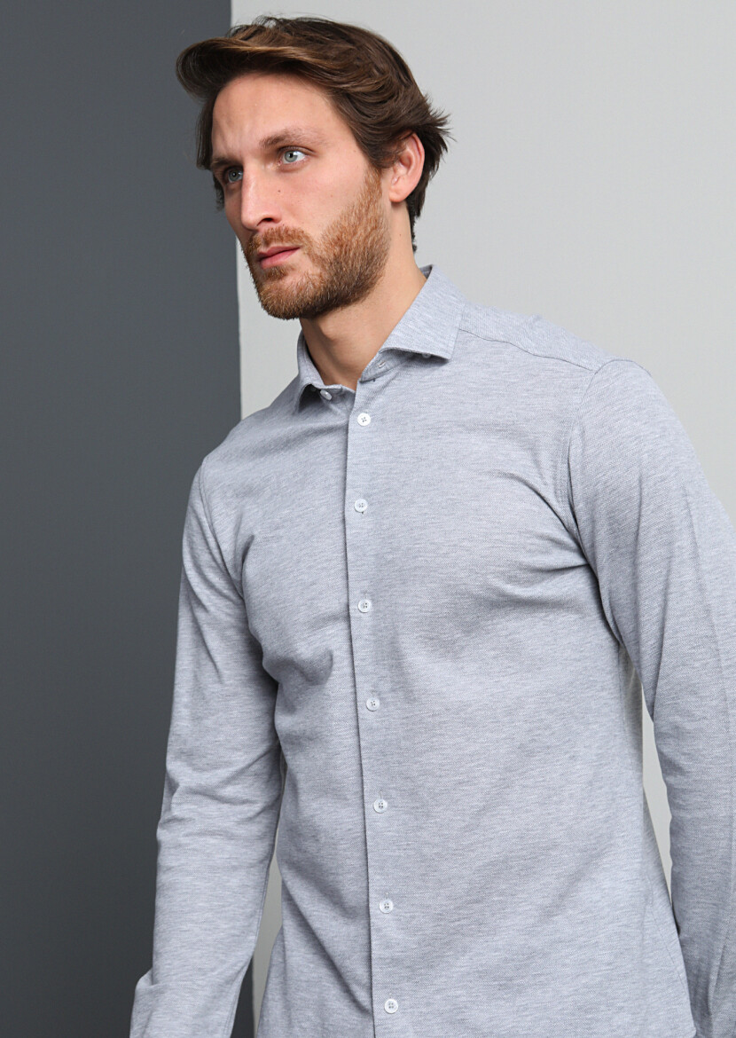 Gri Fitted Fit Uzun Casual %100 Pamuk Gömlek - 3