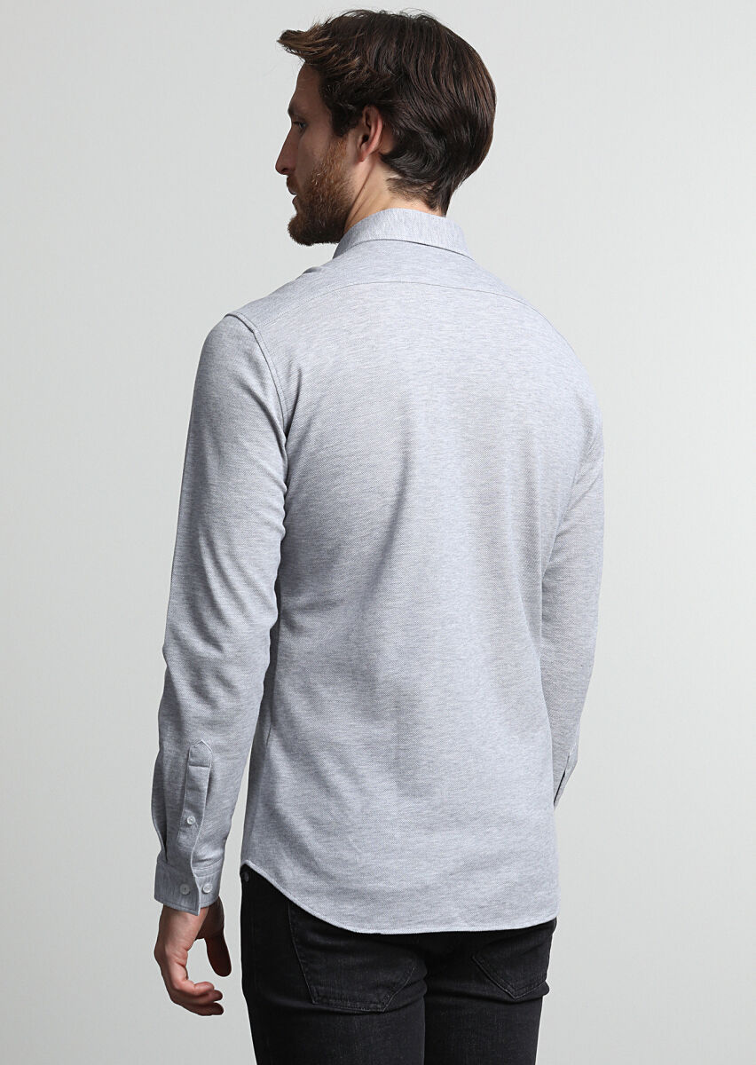 Gri Fitted Fit Uzun Casual %100 Pamuk Gömlek - 4
