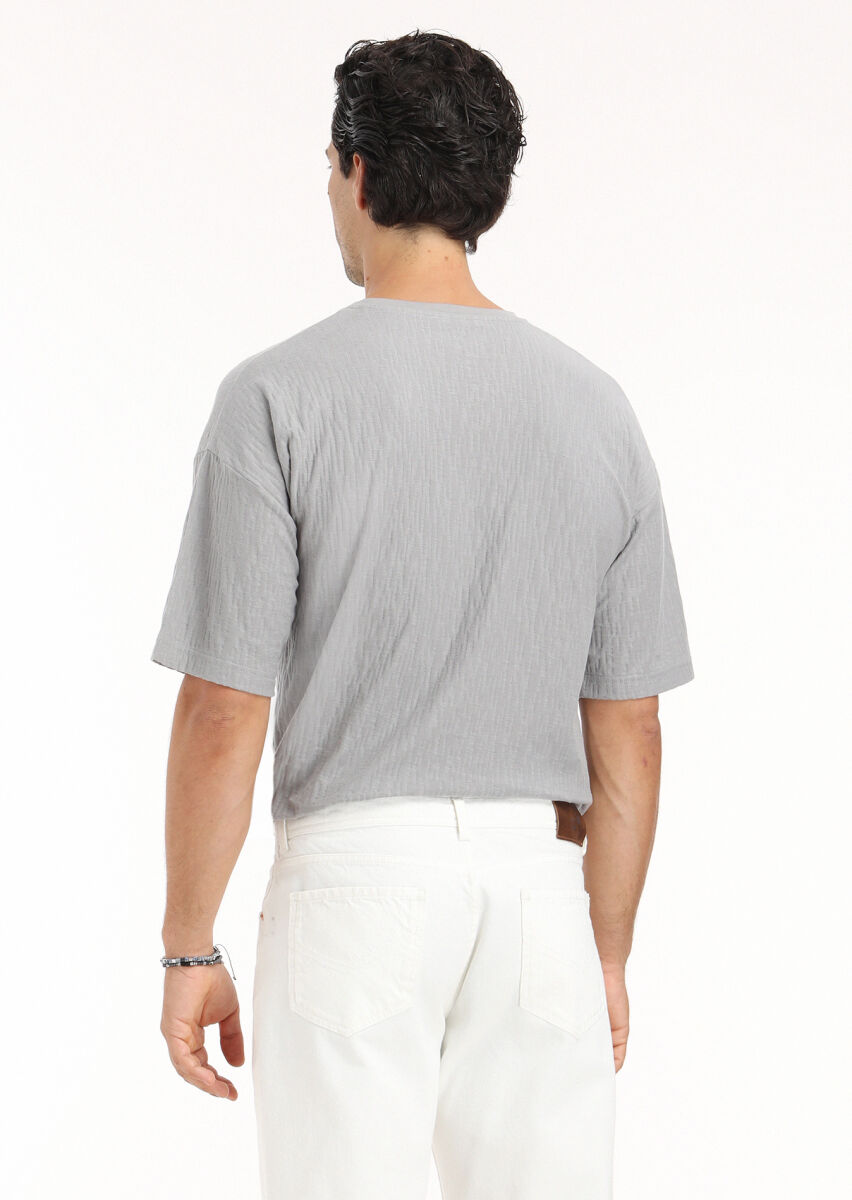 Gri Jakarlı Bisiklet Yaka %100 Pamuk T-Shirt - 5