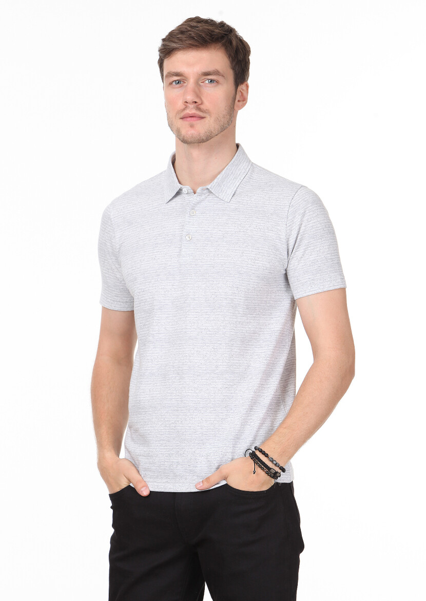 Gri Jakarlı Polo Yaka %100 Pamuk T-Shirt - 2