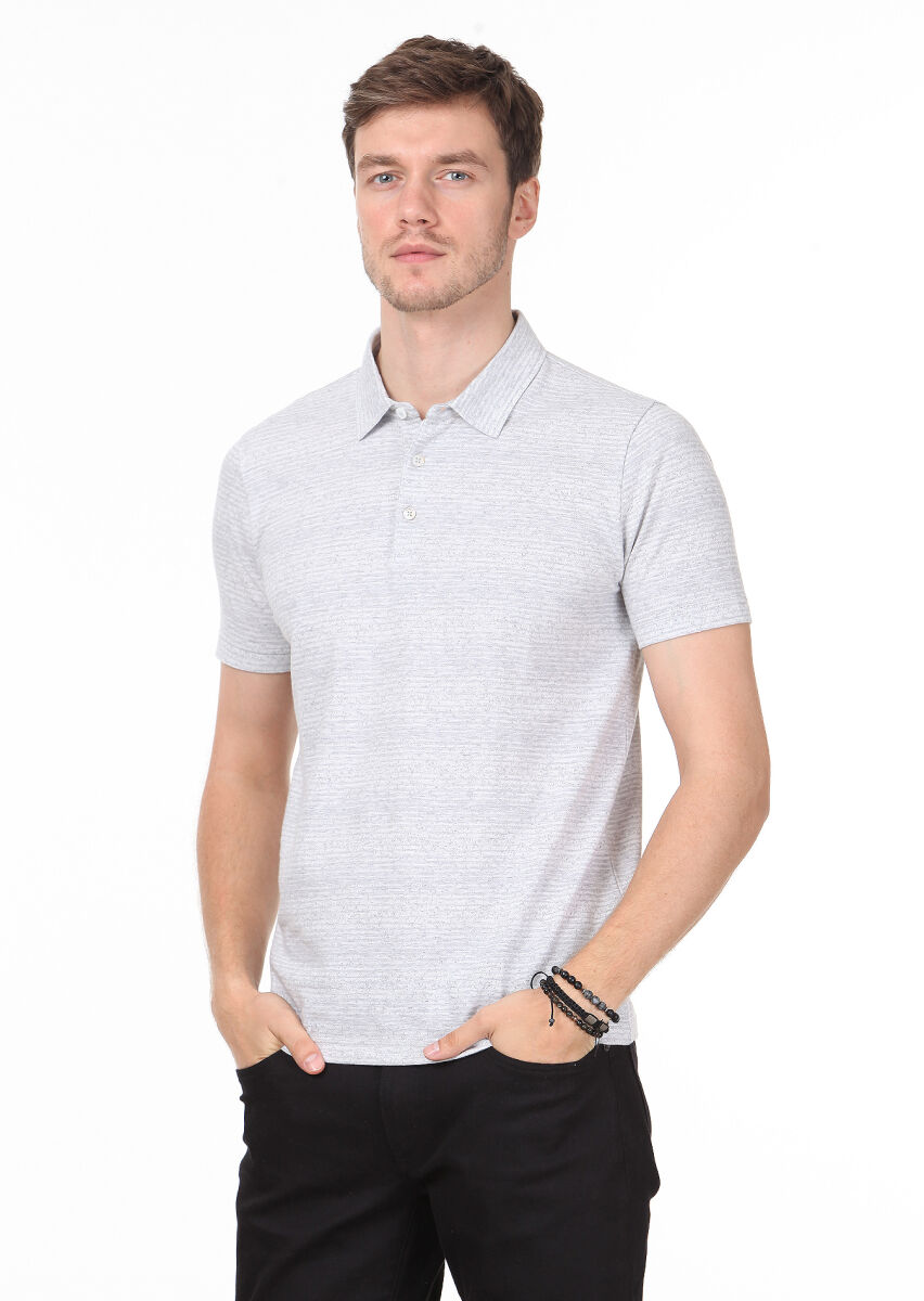 Gri Jakarlı Polo Yaka %100 Pamuk T-Shirt - 2
