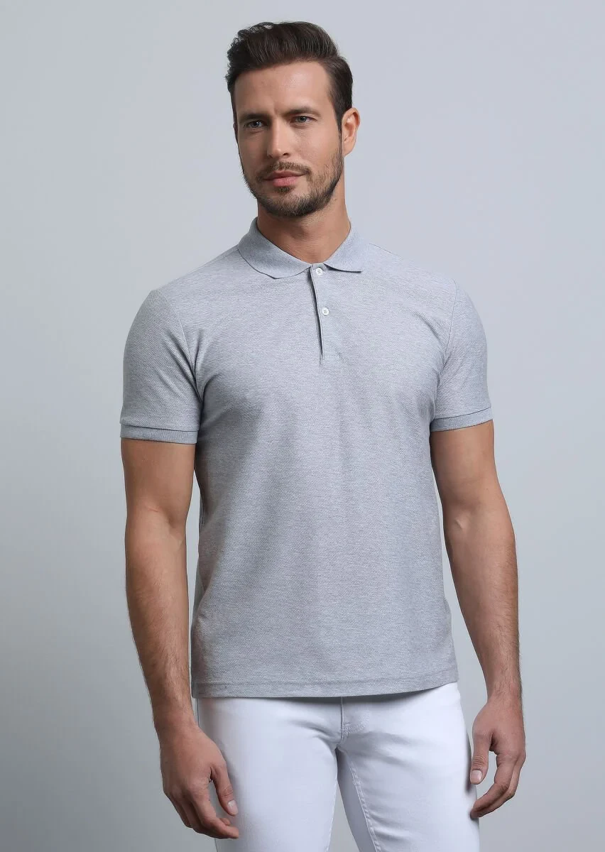 Gri Jakarlı Polo Yaka %100 Pamuk T-Shirt - 4