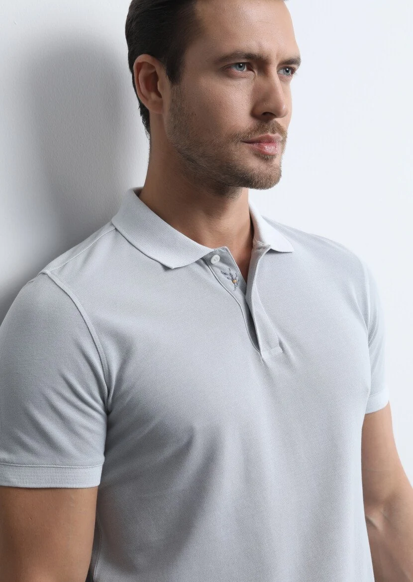 Gri Jakarlı Polo Yaka %100 Pamuk T-Shirt - 1