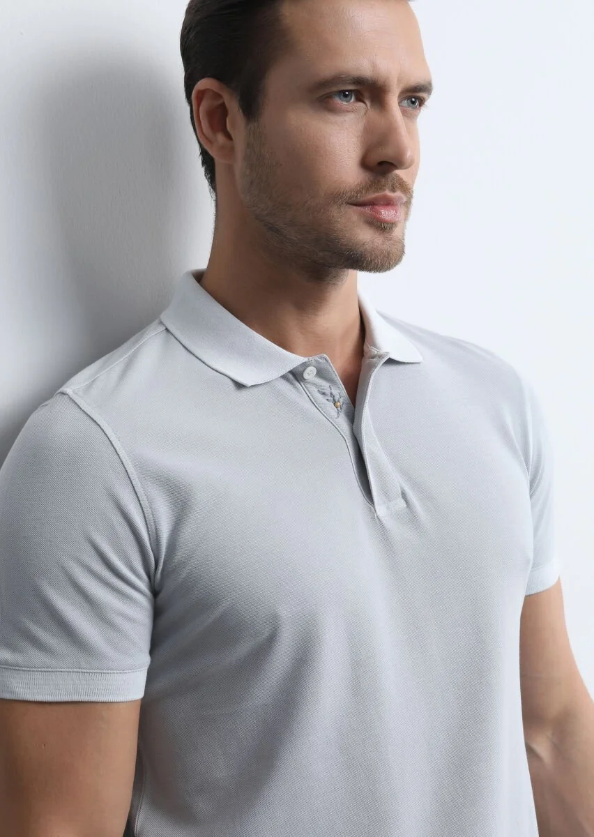 Gri Jakarlı Polo Yaka %100 Pamuk T-Shirt - 1