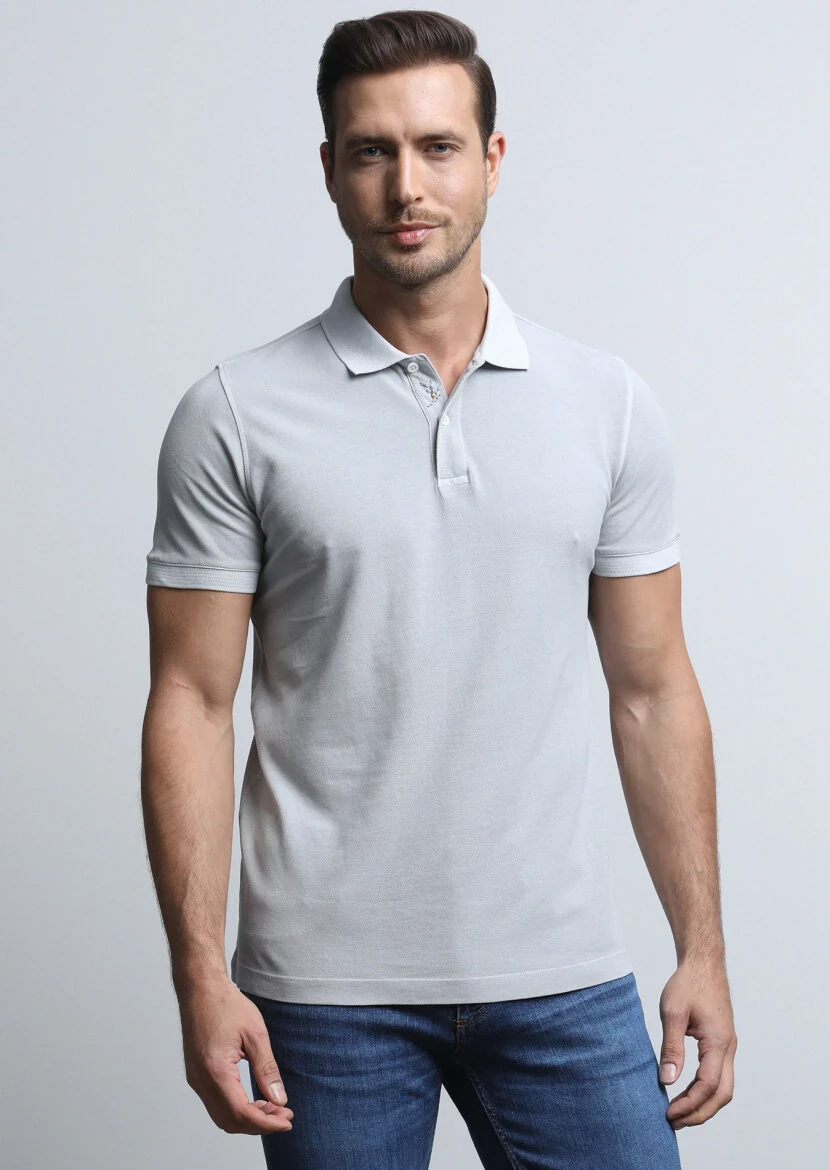 Gri Jakarlı Polo Yaka %100 Pamuk T-Shirt 