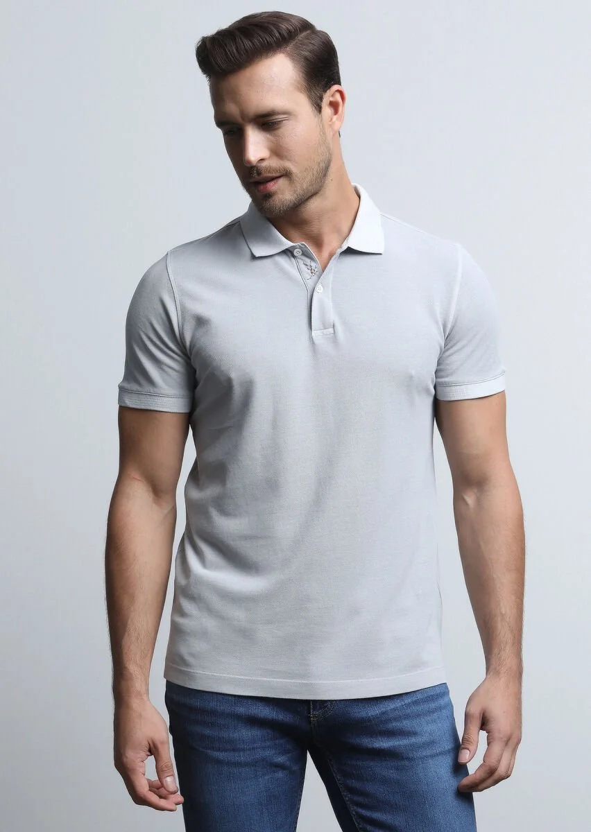 Gri Jakarlı Polo Yaka %100 Pamuk T-Shirt - 3