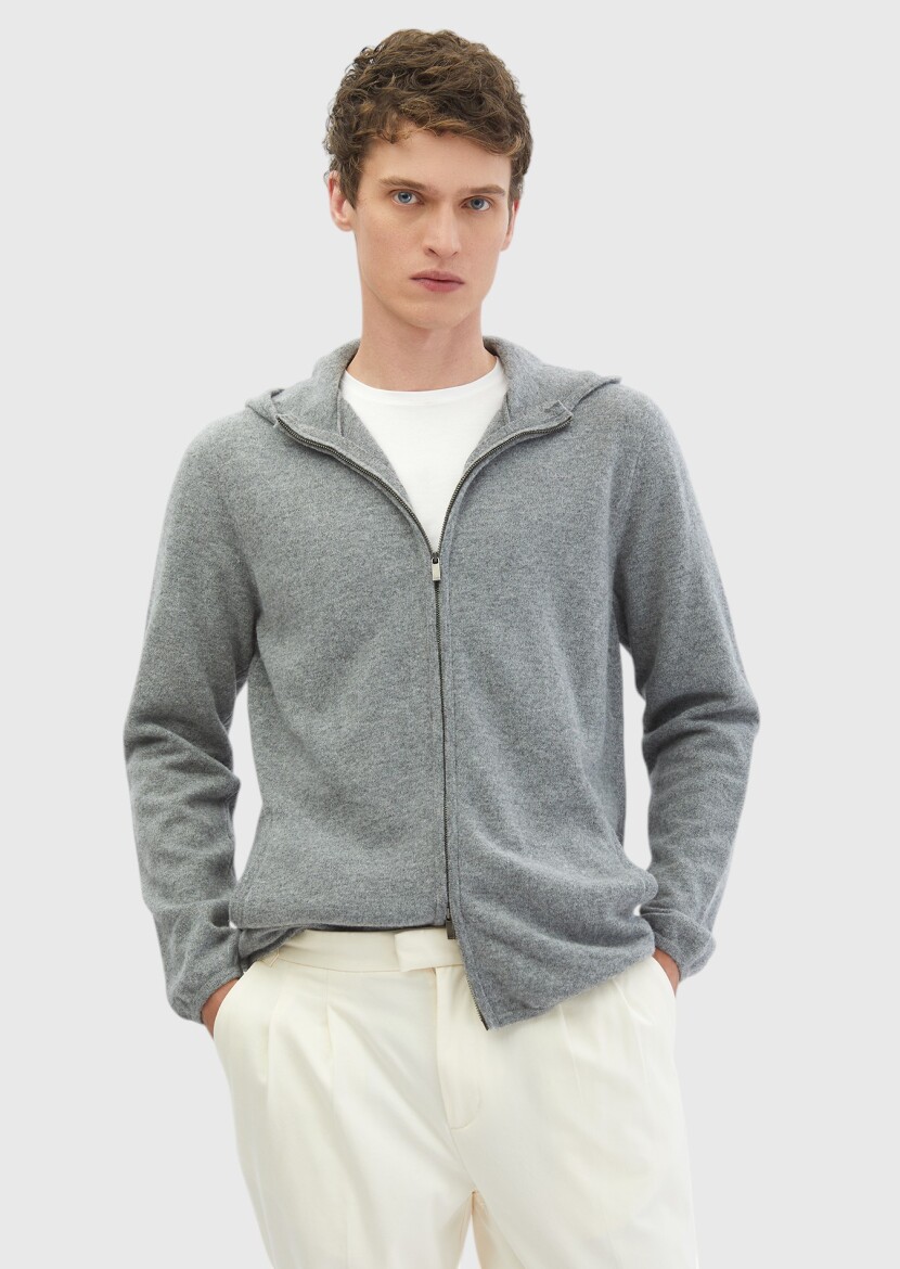 Gri Kapüşonlu Düz Örgü %100 Yün Hırka - RAMSEY