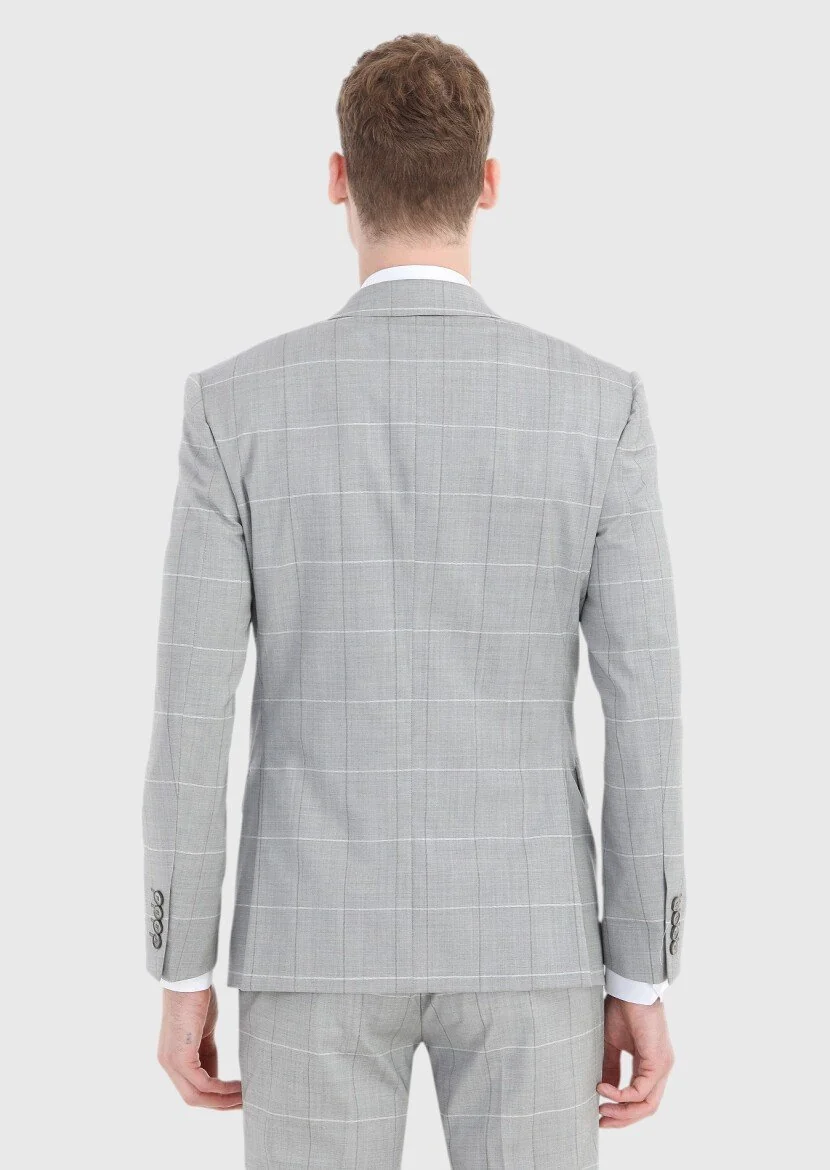 Gri Kareli Modern Fit Yün Karışımlı Takım Elbise - 5