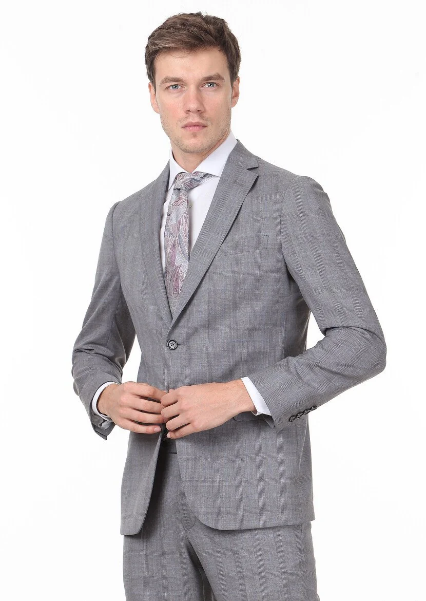 Gri Kareli Regular Fit %100 Yün Takım Elbise - 1