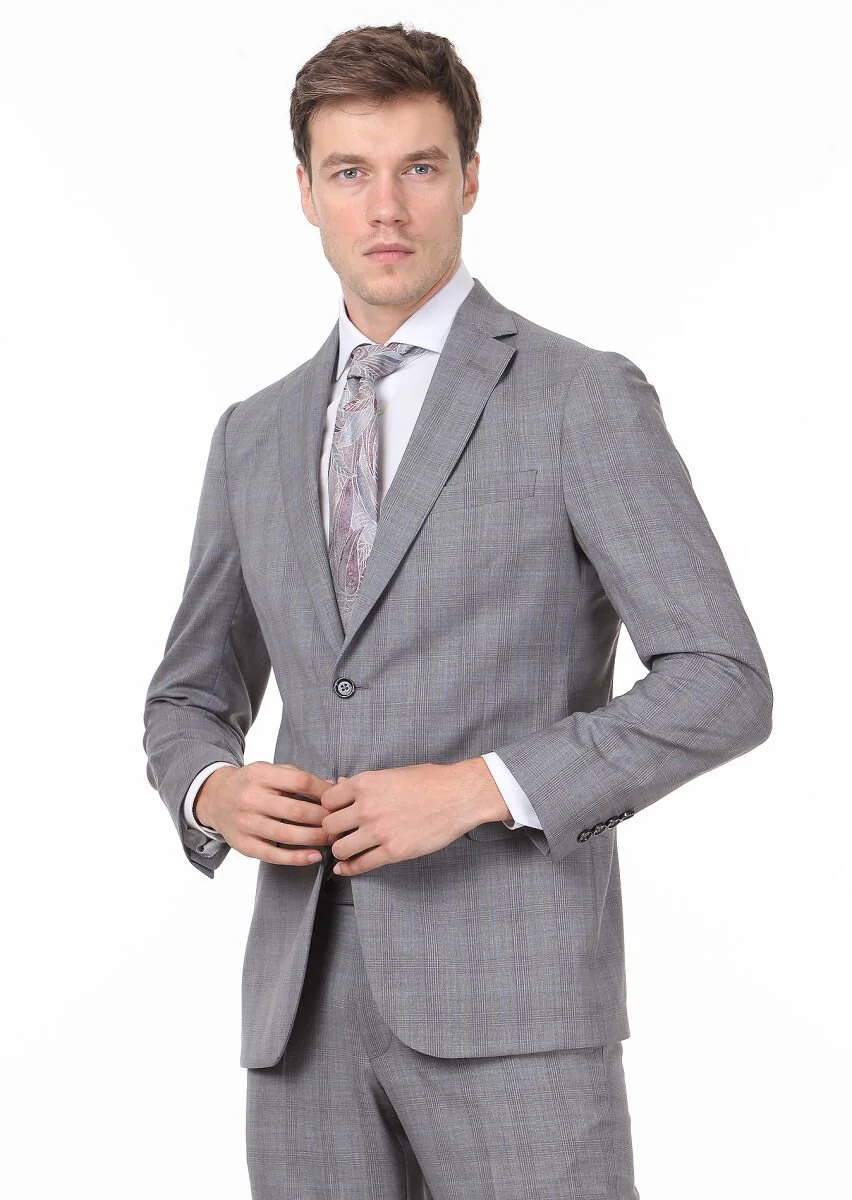 Gri Kareli Regular Fit %100 Yün Takım Elbise - 1