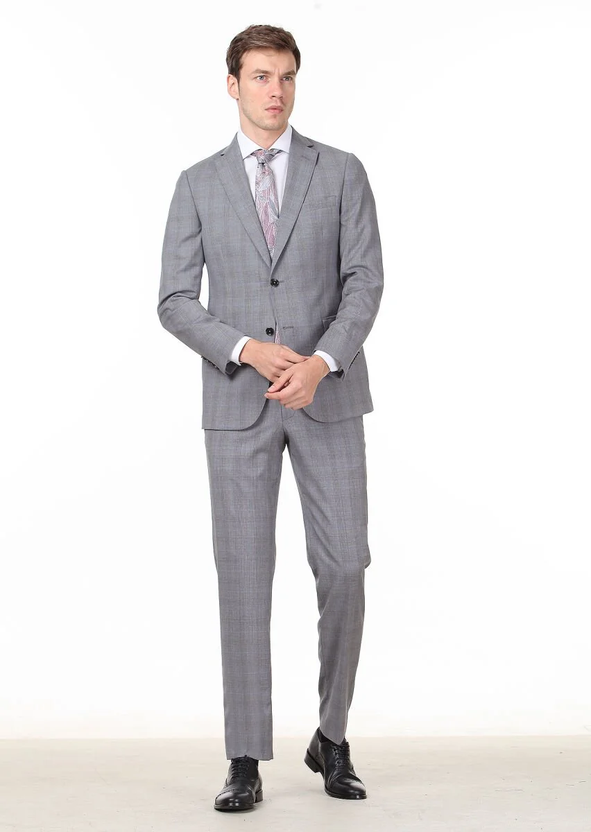 Gri Kareli Regular Fit %100 Yün Takım Elbise - 2