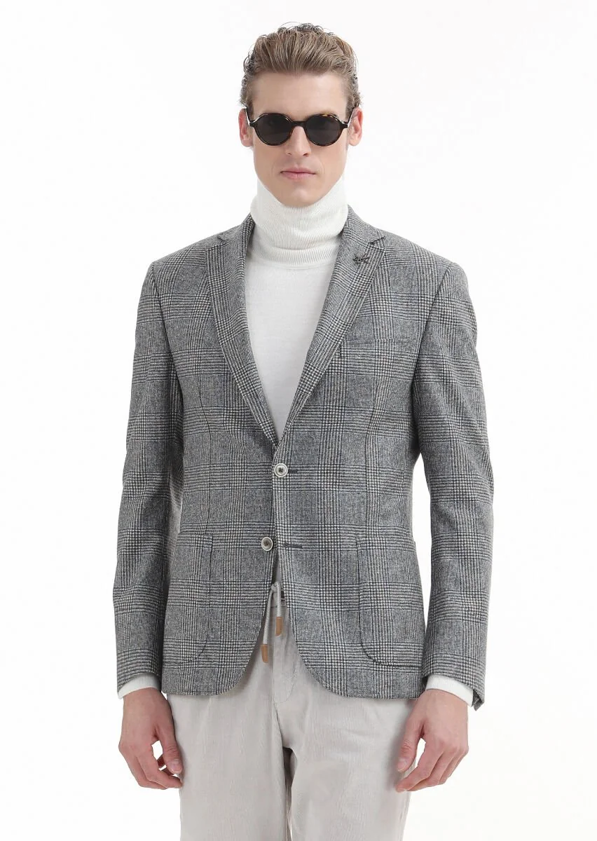 Gri Kareli Zeroweight Slim Fit %100 Yün Ceket - 1