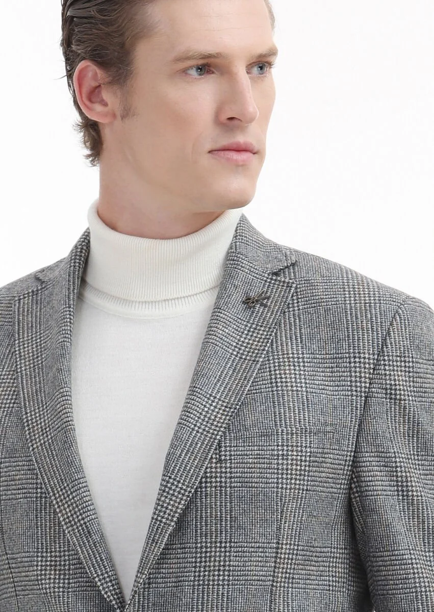 Gri Kareli Zeroweight Slim Fit %100 Yün Ceket - 3