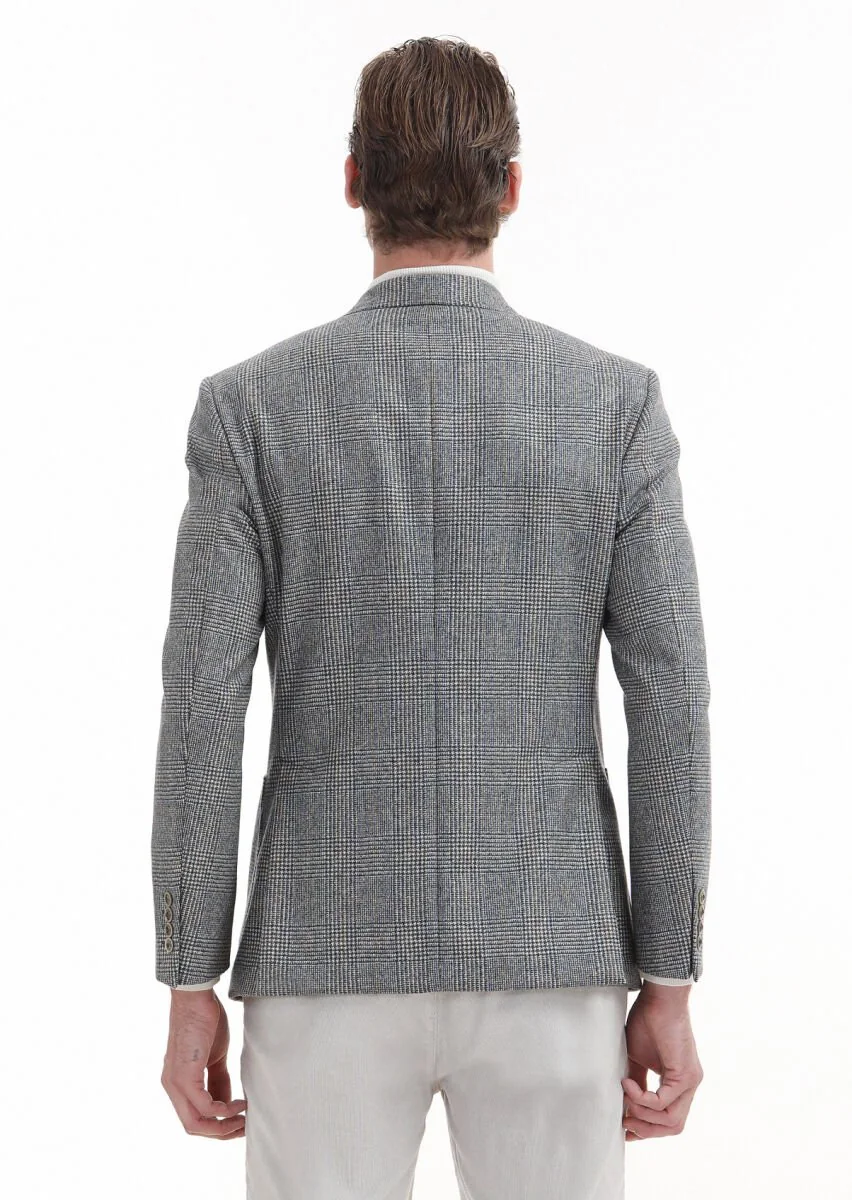 Gri Kareli Zeroweight Slim Fit %100 Yün Ceket - 5