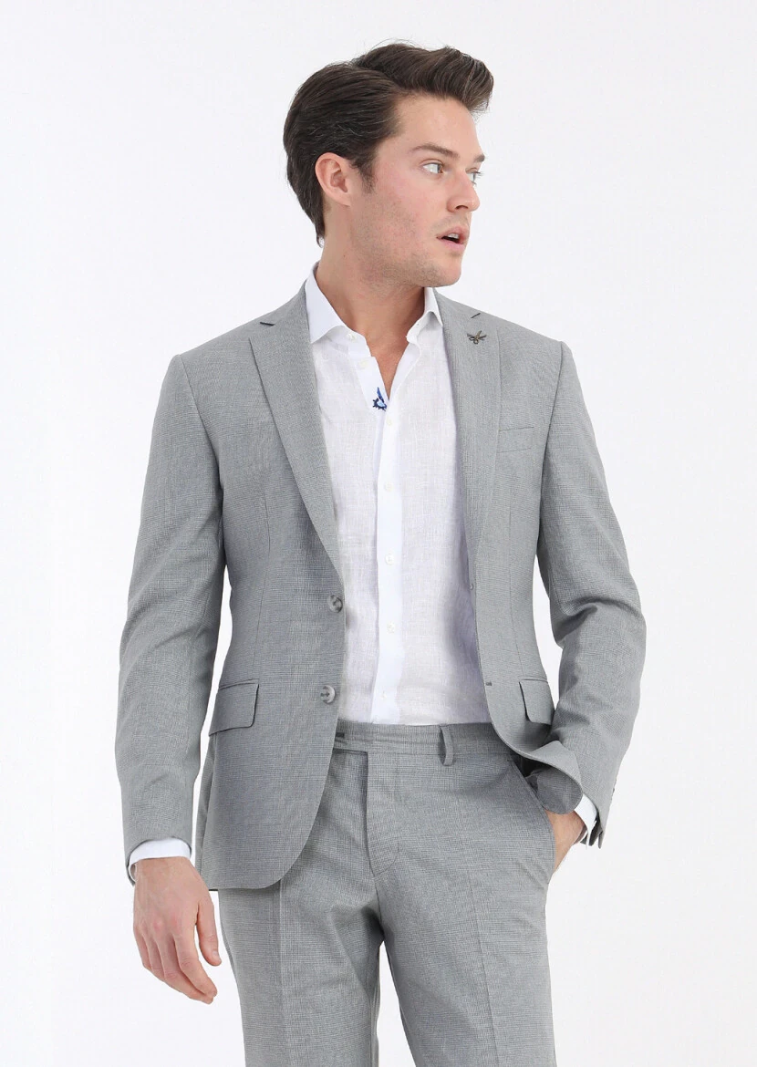 Gri Kareli Zeroweight Slim Fit %100 Yün Takım Elbise - 2