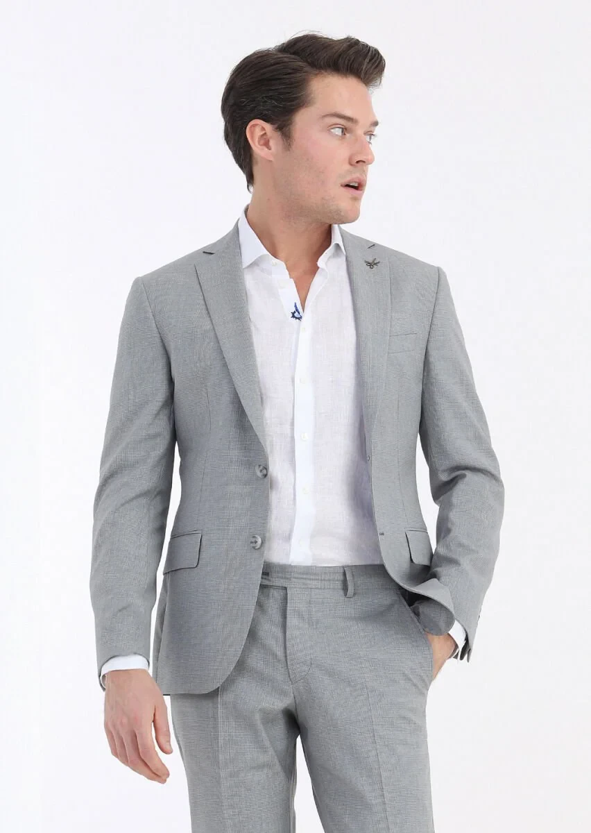 Gri Kareli Zeroweight Slim Fit %100 Yün Takım Elbise - 2