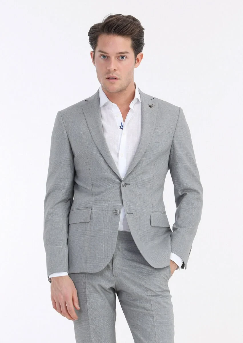 Gri Kareli Zeroweight Slim Fit %100 Yün Takım Elbise - 3