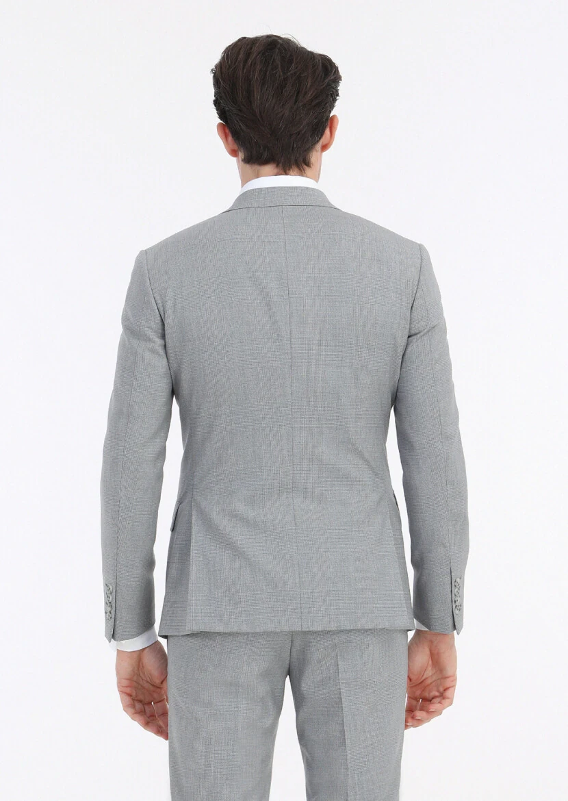 Gri Kareli Zeroweight Slim Fit %100 Yün Takım Elbise - 7