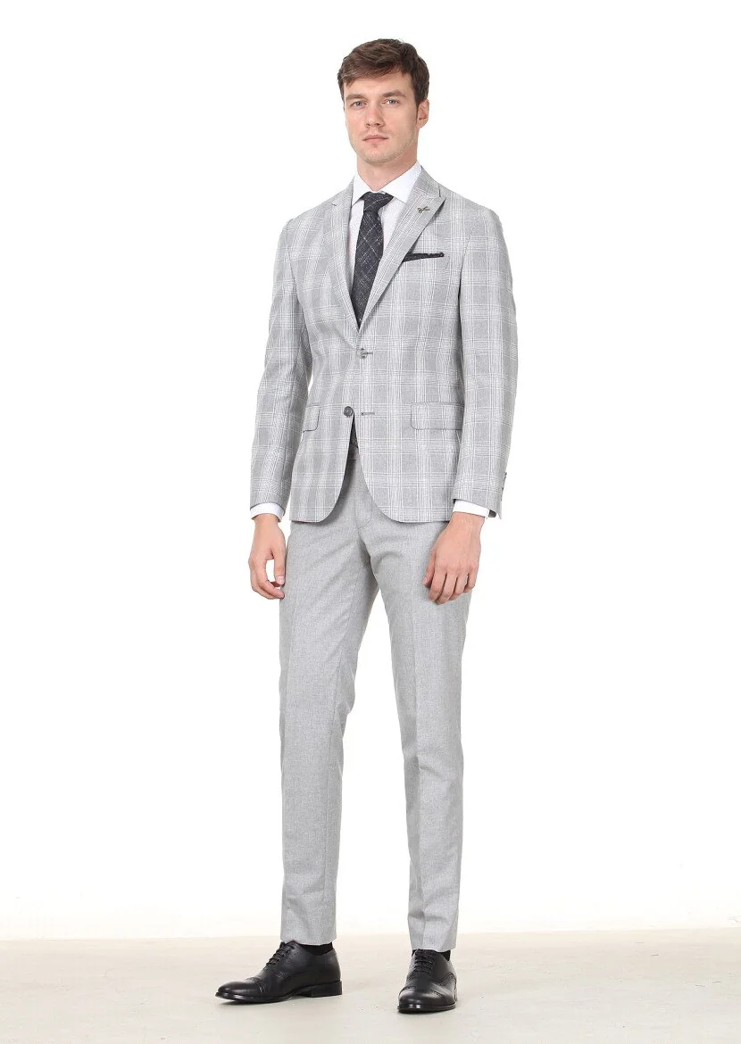 Gri Kareli Zeroweight Slim Fit İpek Karışımlı Takım Elbise - 3