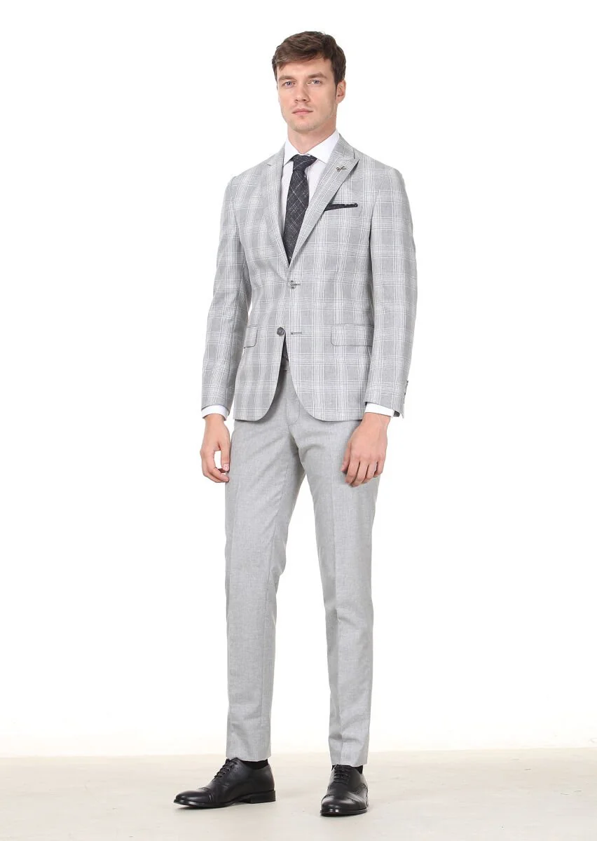 Gri Kareli Zeroweight Slim Fit İpek Karışımlı Takım Elbise - 3