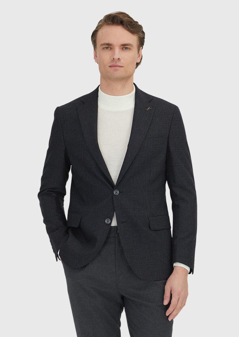 Gri Kareli Zeroweight Slim Fit Yün Karışımlı Ceket 
