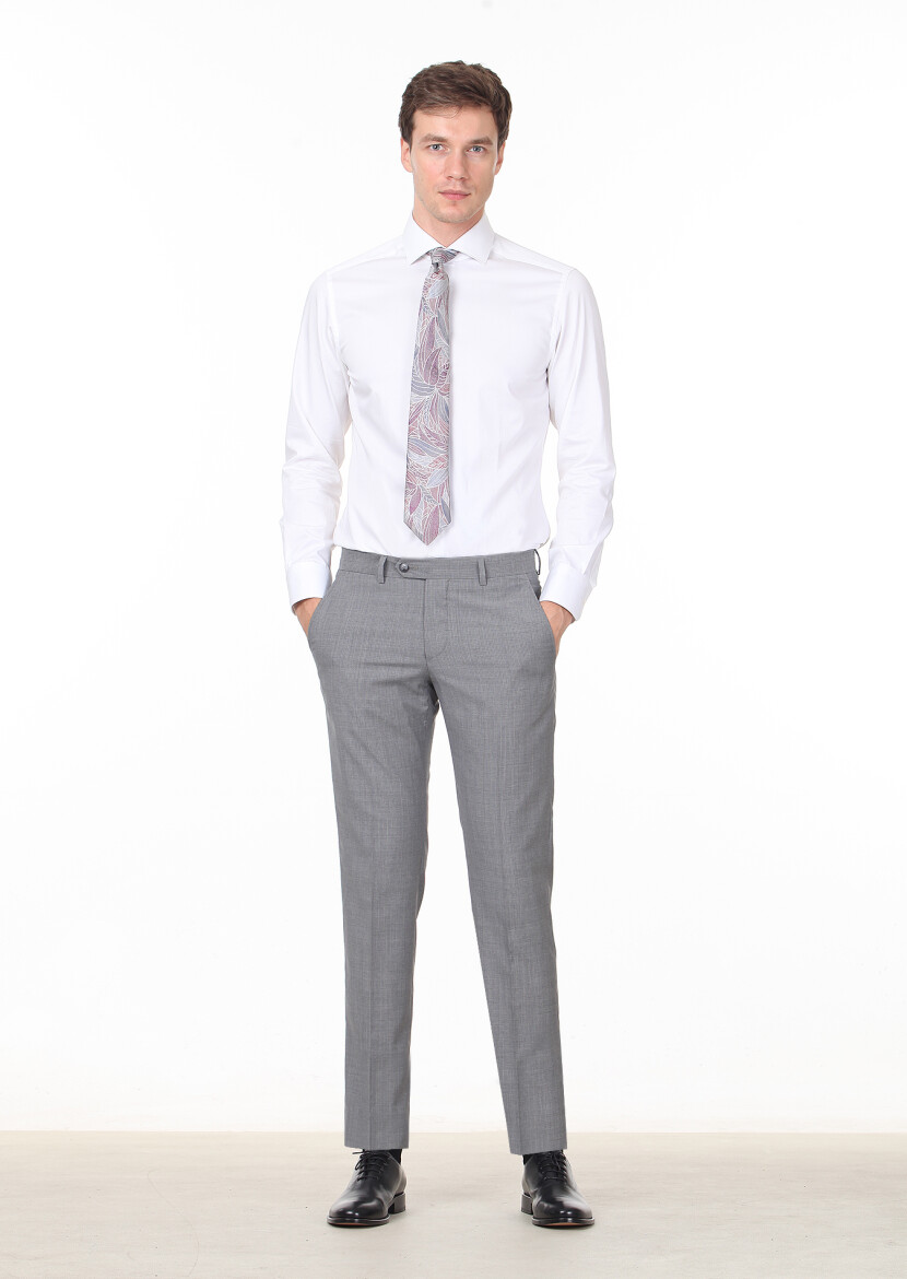 Gri Kumaş Modern Fit Klasik %100 Yün Pantolon 