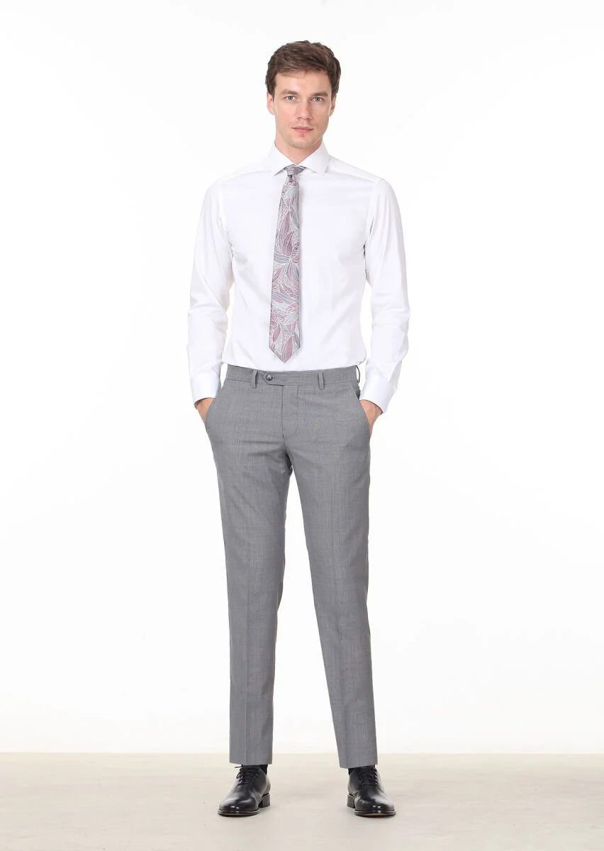 Gri Kumaş Modern Fit Klasik %100 Yün Pantolon - 2