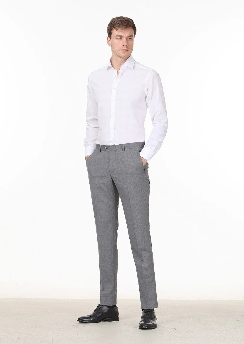 Gri Mikro Kumaş Modern Fit Klasik %100 Yün Pantolon - 1