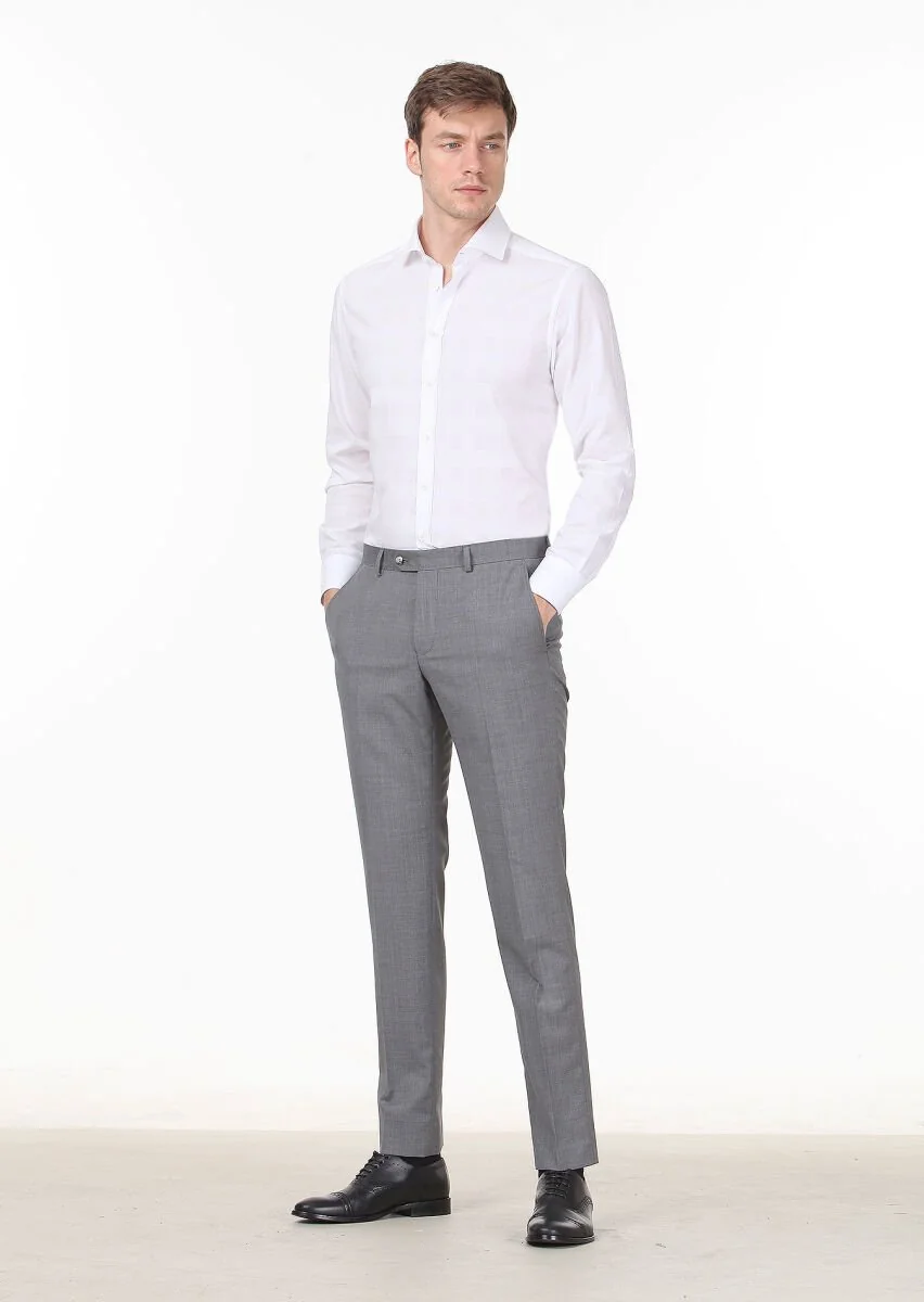 Gri Mikro Kumaş Modern Fit Klasik %100 Yün Pantolon - 1
